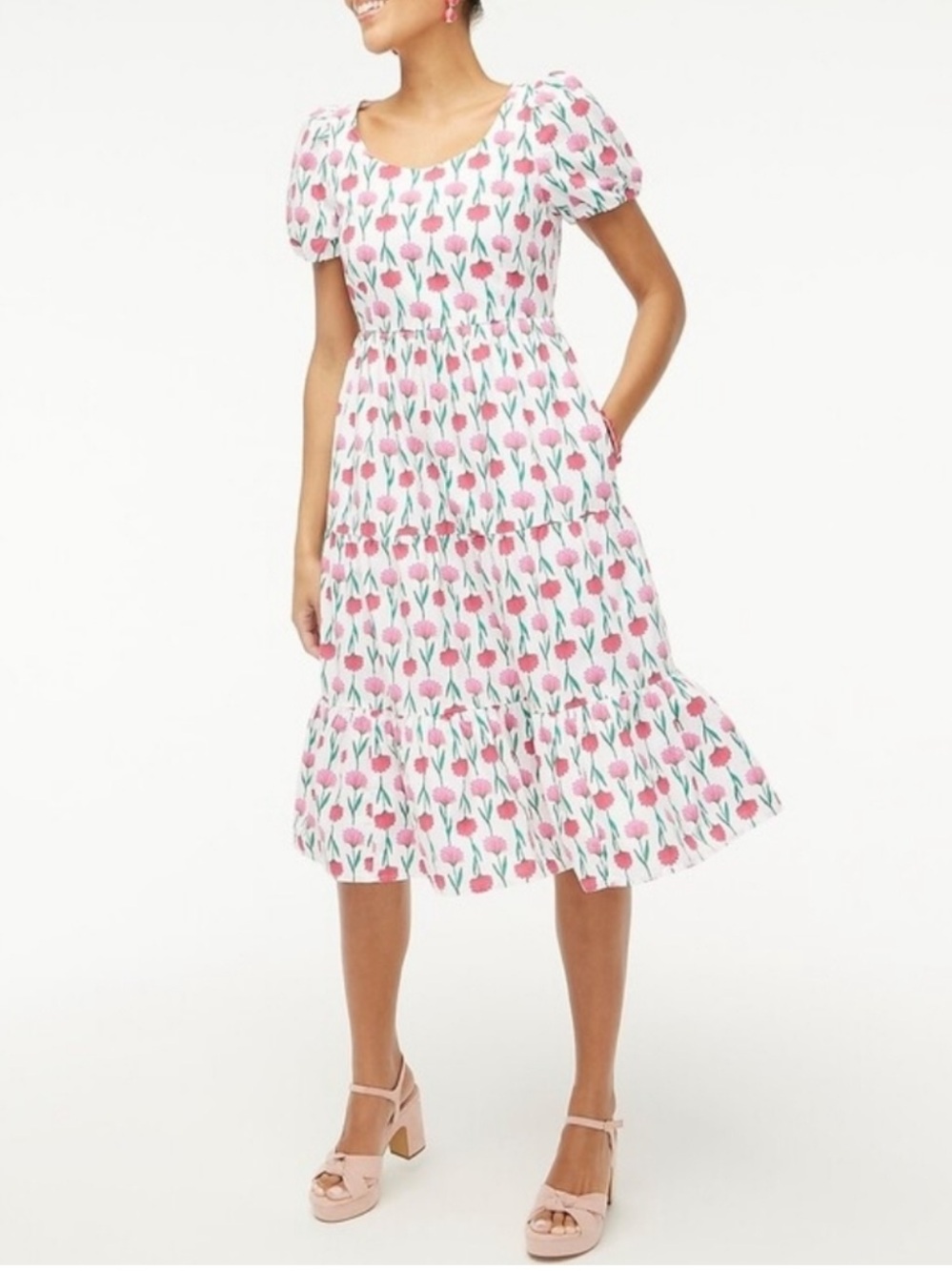 J. Crew White Midi Dress with Pink Floral Print